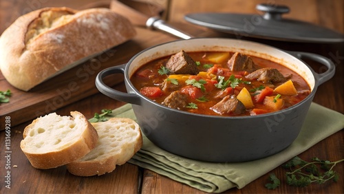 Kolbász stew with fresh bread served on a rustic wooden table photo