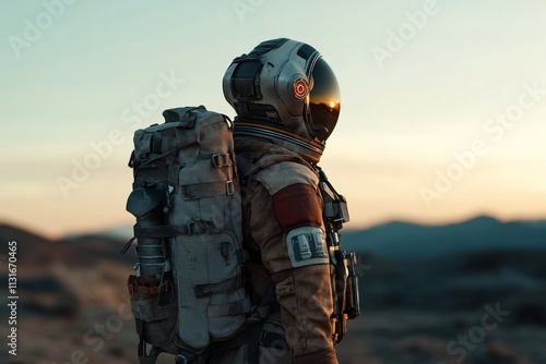 Astronaut explores alien terrain during sunset while equipped with a futuristic suit and gear photo