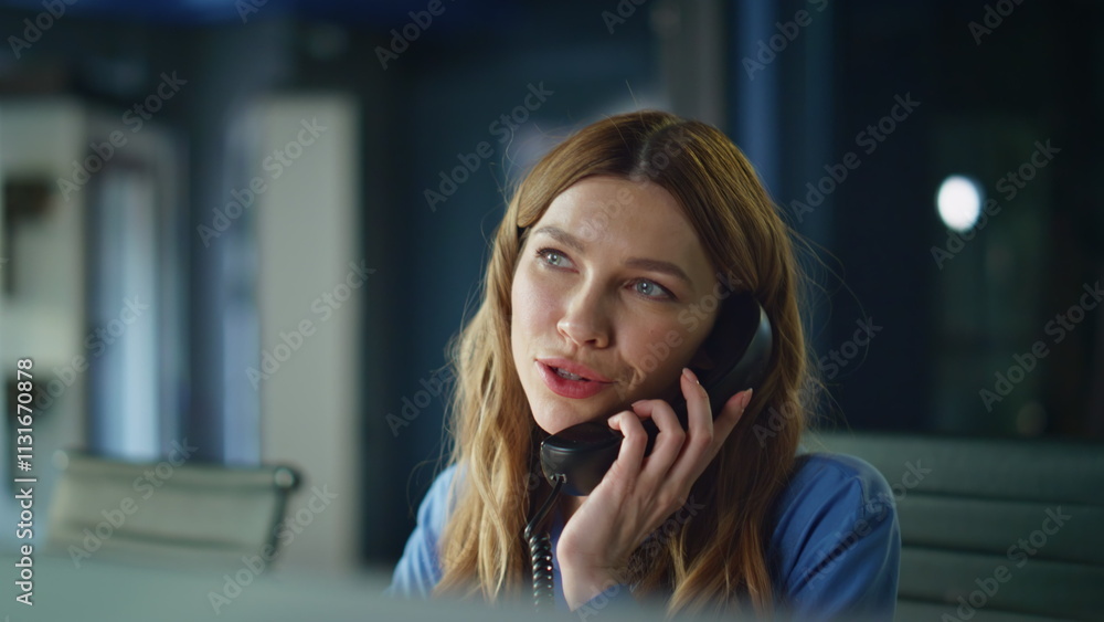 Obraz premium Business manager answering telephone sitting workspace closeup. Help desk worker