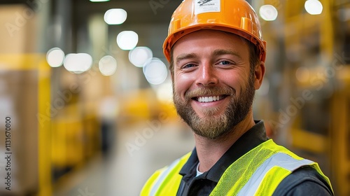 A joyful construction worker wearing a safety helmet and high-visibility vest smiles confidently in a busy warehouse, symbolizing safety and satisfaction in work. photo