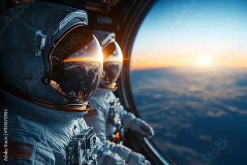 Astronauts observing the sunrise from a spacecraft window during a space mission photo