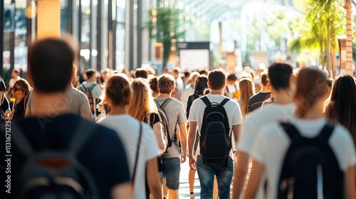 A bustling urban scene with a diverse crowd of people moving along a busy street, capturing the vibrancy, energy, and diversity of modern urban life and community. photo