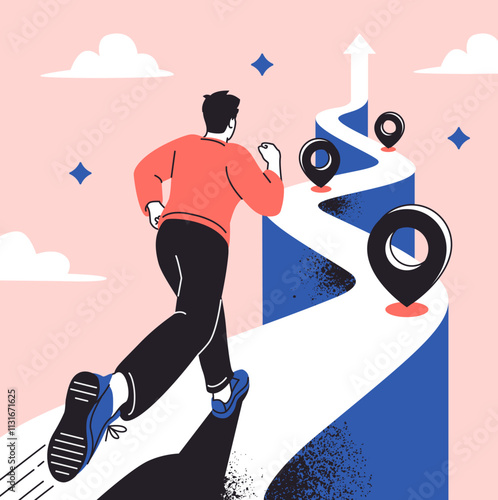 Timeline to success. Male office worker running along winding road as symbol of business progress, career growth and goal achievement. Cartoon flat vector illustration