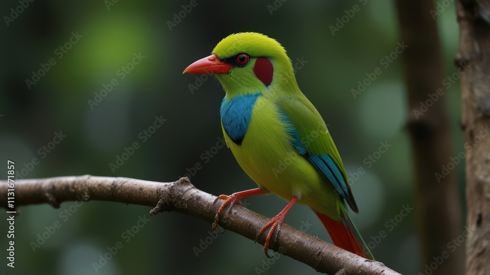 Fototapeta premium Vivid green bird perched on branch.