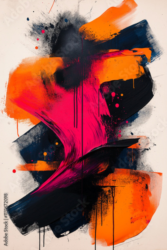 Photographie d'un tableau abstrait avec couleurs vives et formes dynamiques, encadré dans un cadre noir simple, sur fond blanc
