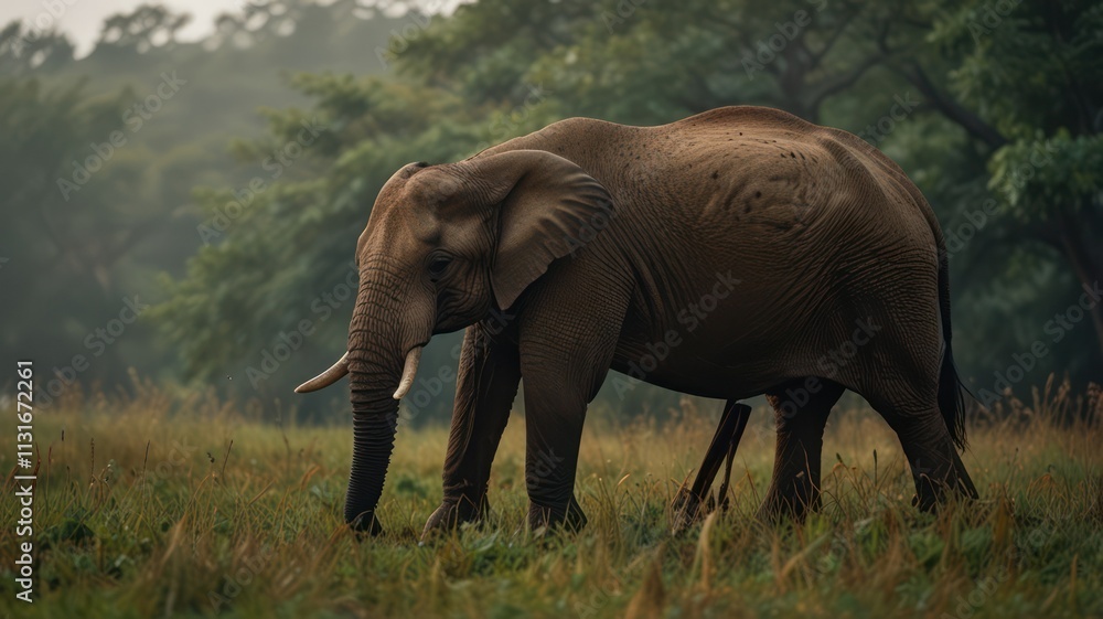 Fototapeta premium Elephant in misty forest grassland.