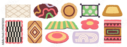 Set of carpets. Icons or stickers with rugs of various shapes, textures and patterns. Decorative floor carpets for cozy interior of house. Flat vector illustration collection