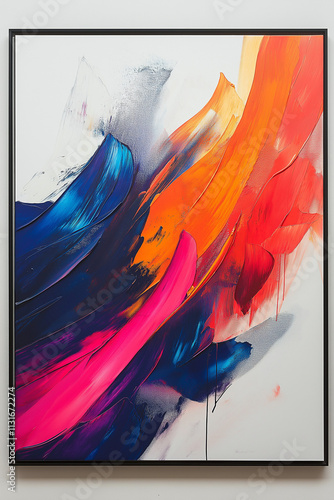 Photographie d'un tableau abstrait avec couleurs vives et formes dynamiques, encadré dans un cadre noir simple, sur fond blanc