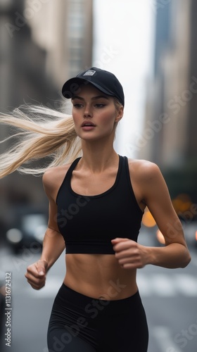 With a focused gaze, a female jogger runs energetically through a city street in stylish black sportswear, embodying the vitality and hustle of urban living. photo