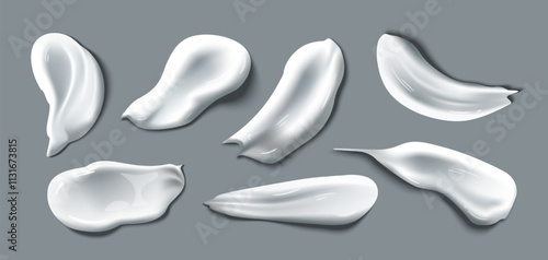 Set of realistic cream swatches. Samples of cosmetic skin care products with creamy texture. Substance of moisturizer, body cleanser or scrub. 3D vector illustration collection