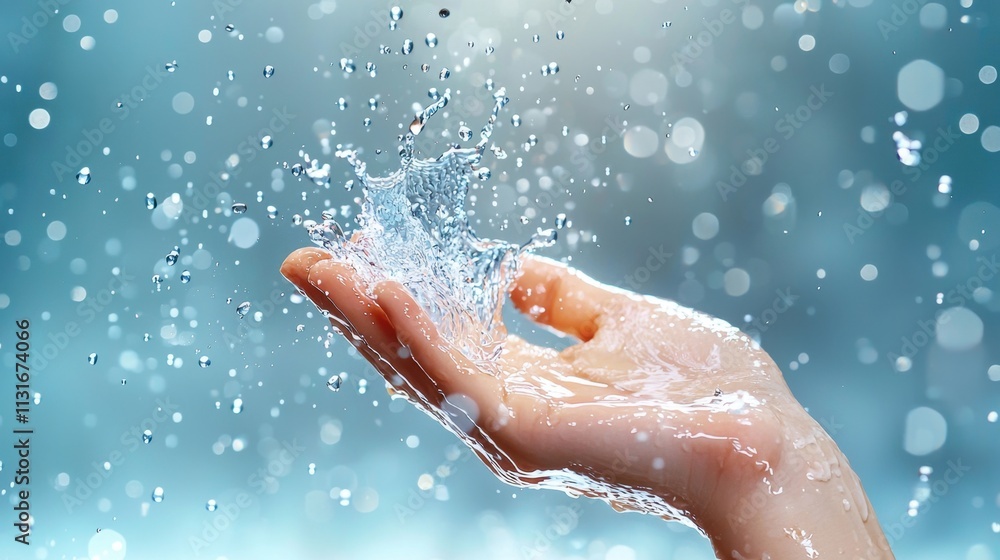 Fototapeta premium The close up image captures the dynamic motion of water splashing onto a hand, showcasing the intricate patterns and textures created by the collision of liquid against skin.
