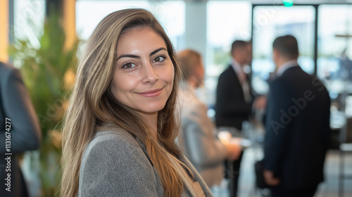 A young businesswoman smiling at the camera during a professional networking event.