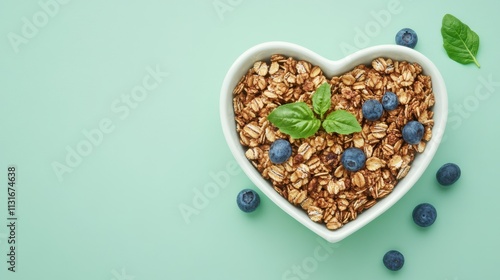 Heart shaped bowl of granola for nutritious and health-conscious meal on green background and free space.