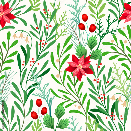 X mas floral seamless pattern with leaves, fir branches, holly berry, mistletoe, poinsettia flowers. Christmas holiday background for postcard, cover, banner, label, print, fabric, wrapping, wallpaper