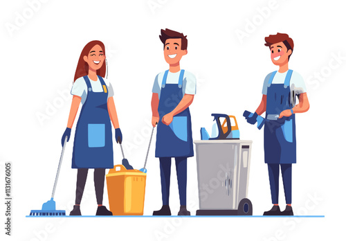 Clean and Professional Cleaning Team – Cartoon Characters with Cleaning Supplies