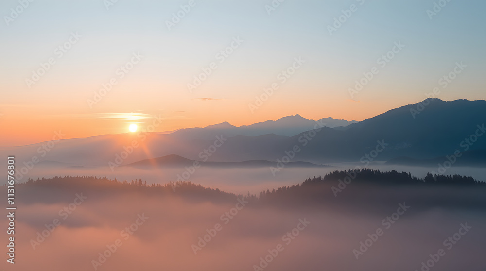 Obraz premium Serene sunrise over a misty mountain range