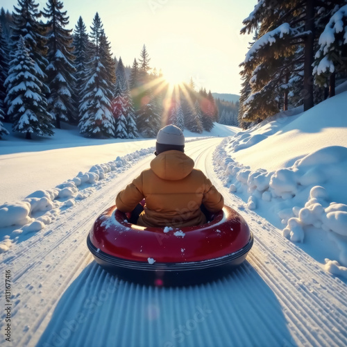 teenager snow tubing on snowy mountains with forest in the background on a clear sunny day
