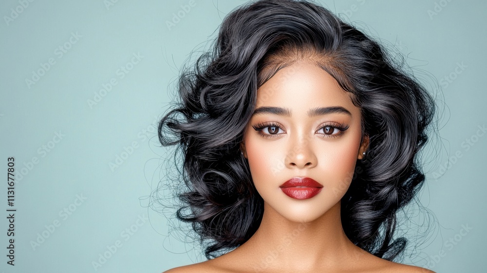 Naklejka premium The beauty portrait features an African American woman with flawless skin and striking black hair, styled in voluminous curls cascading down her shoulders