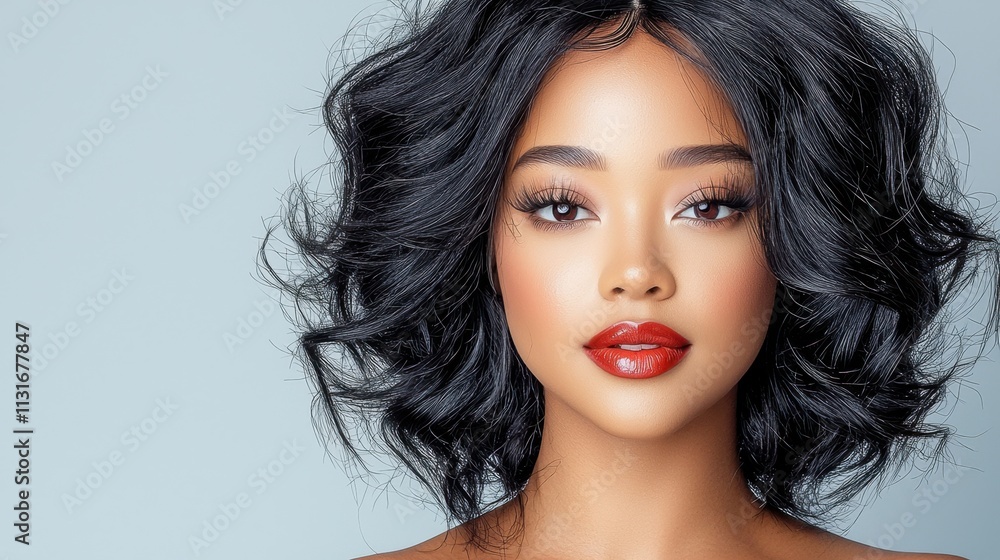 Naklejka premium The beauty portrait features an African American woman with flawless skin and striking black hair, styled in voluminous curls cascading down her shoulders