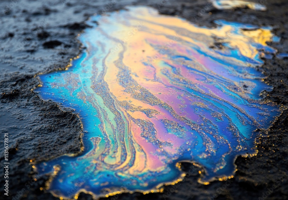 Fototapeta premium Iridescent oil spill on dark ground.