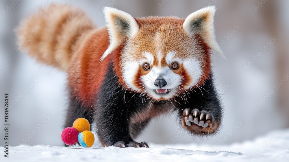Obraz premium A cute red panda is playfully frolicking on a white background, with its fluffy tail wagging and its paws reaching out to catch a toy.