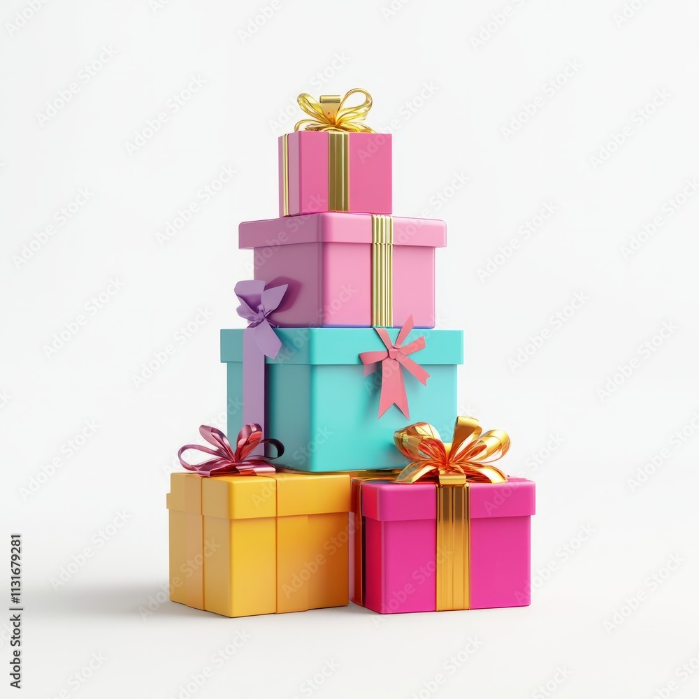 Fototapeta premium 3D rendering of stacked gift boxes in festive colors with ribbons, placed on a clean white background realistic