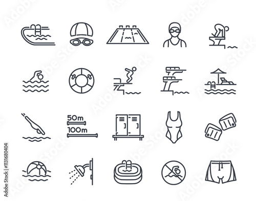 Set of line icons related to swimming pool. Simple symbols with swimmer, swimsuit, pool, dive and inflatable ring. Editable stroke. Outline vector illustration collection