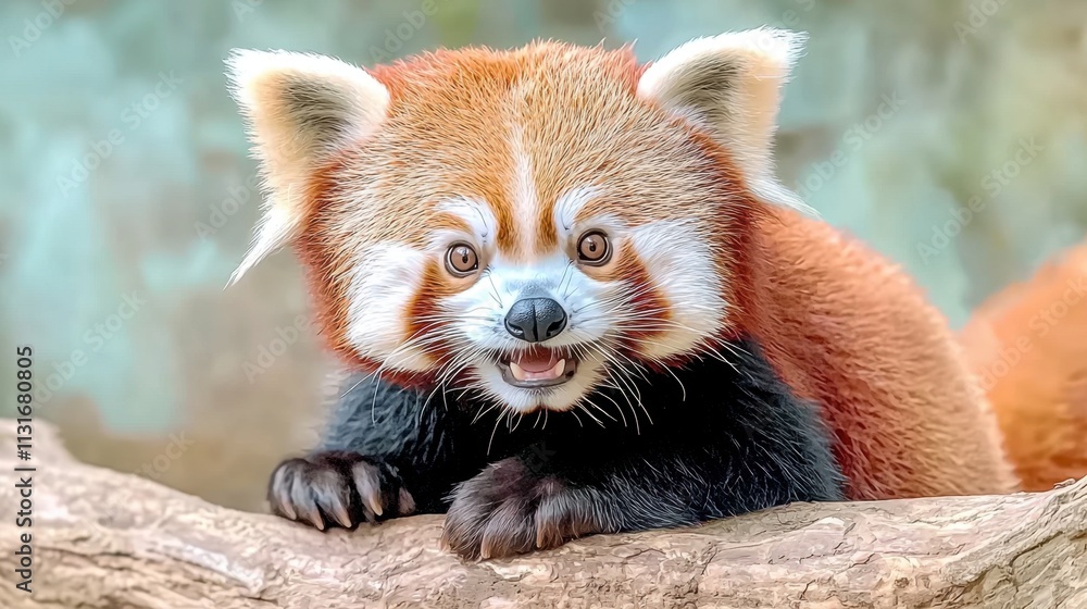 Fototapeta premium The red panda on the online channel greets viewers with a mischievous grin and twinkling eyes, exuding warmth and playfulness that immediately draws audiences in.