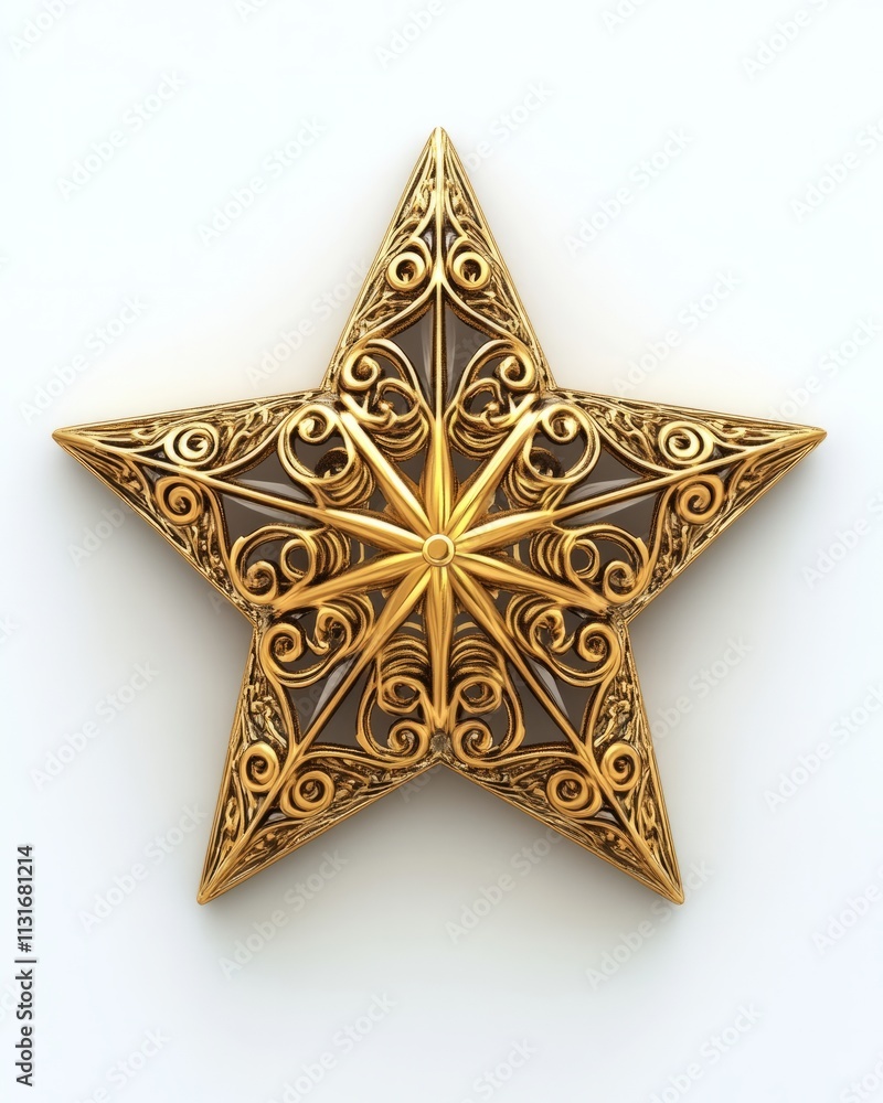Fototapeta premium A 3D rendering of a golden star ornament with intricate patterns, placed on a white background realistic