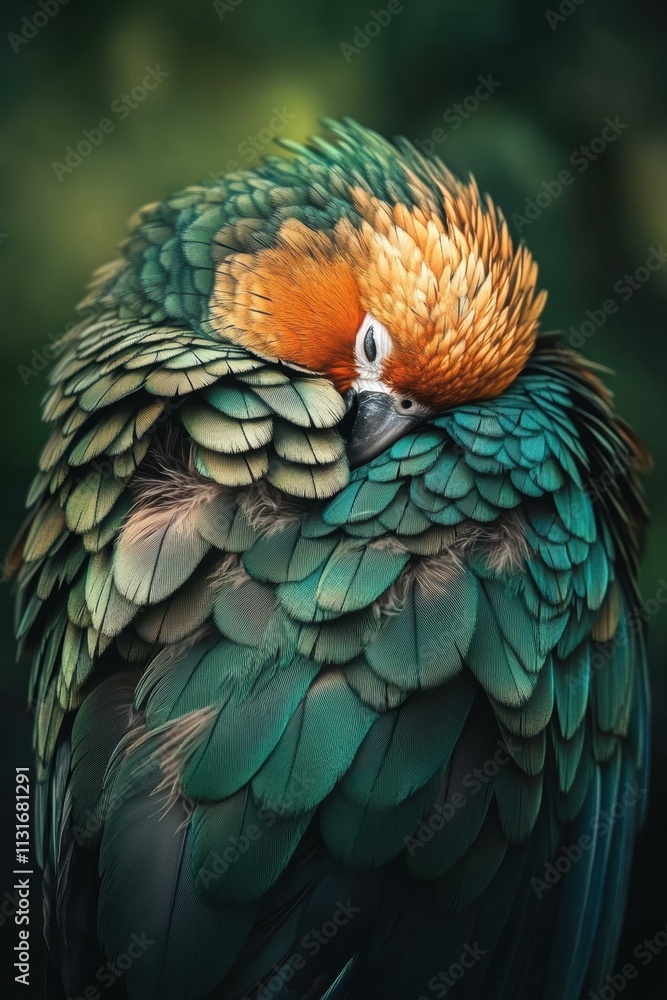 Obraz premium A vibrant bird resting, feathers ruffled. AI.