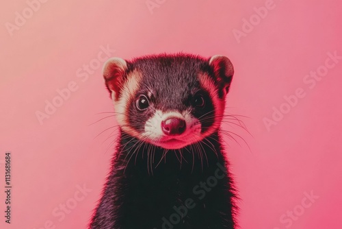 Cute ferret portrait against a pink background. AI. photo