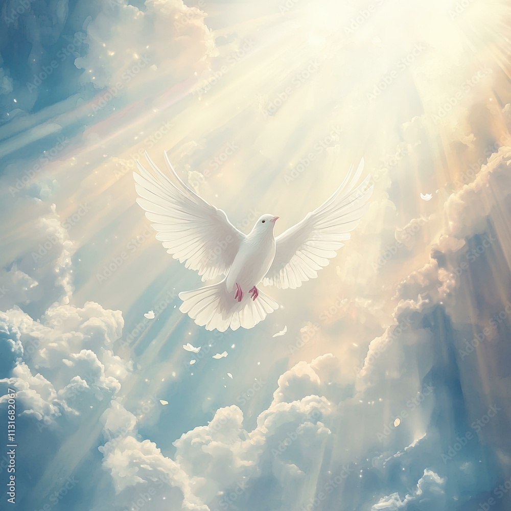 Obraz premium A white dove soars through a heavenly sky. AI.