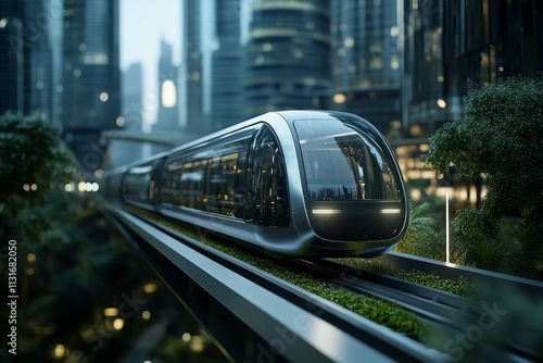 A sleek futuristic high-speed train gliding smoothly over an elevated track with greenery, representing modern transit solutions and sustainable design in urban environments. photo