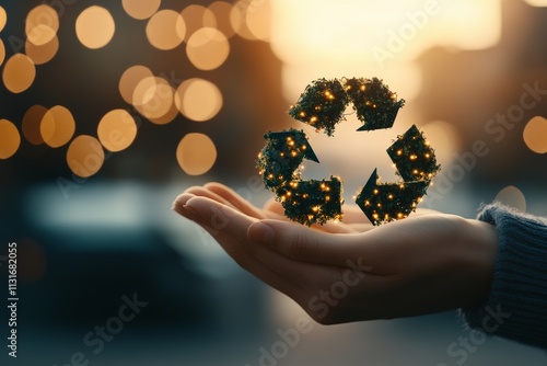 A hand gently cradles a glowing recycling symbol, illuminated by warm sunset hues, representing sustainability, innovation, and eco-friendly awareness. photo