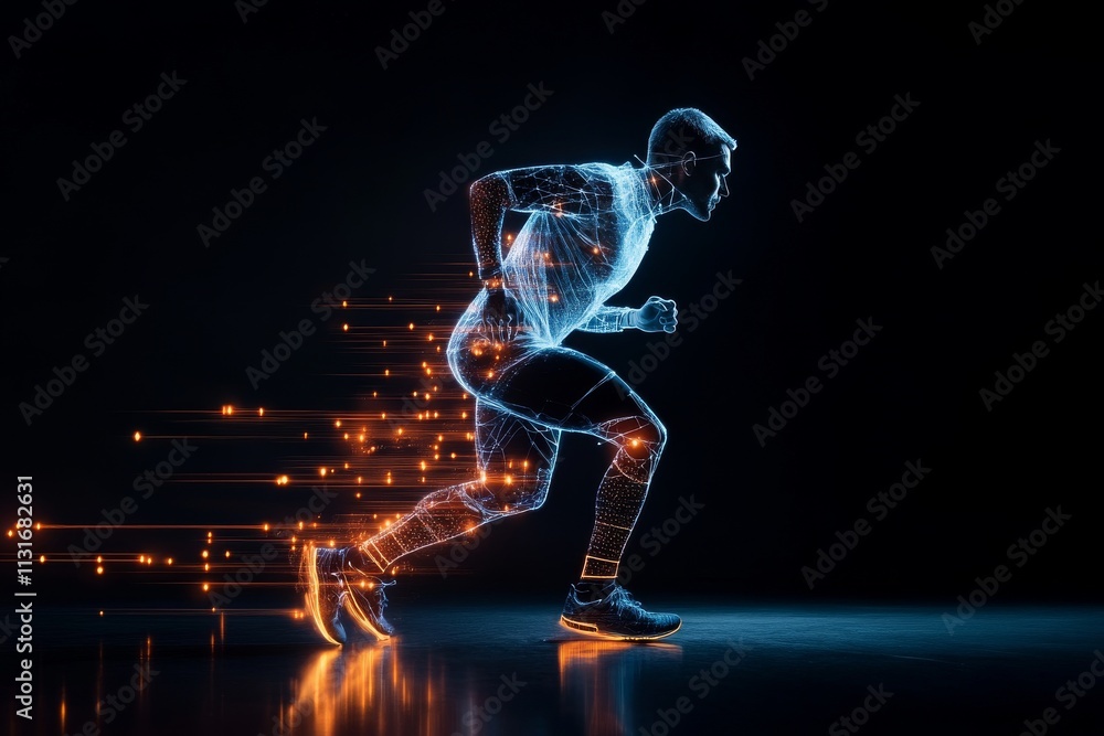 Fototapeta premium This visual represents a futuristic digital athlete running with glowing trails symbolizing speed, progress, and technology in a virtual abstract style.