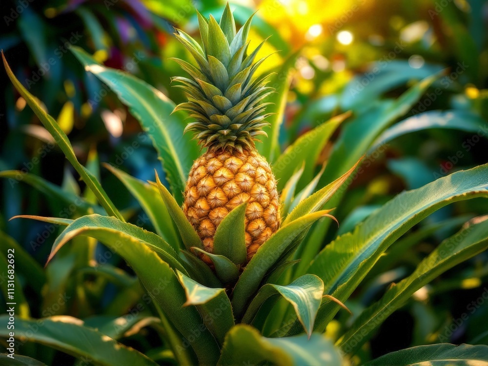 Fototapeta premium Vibrant pineapple basking in sunlight amidst lush green leaves in a tropical paradise setting during the golden hour of the evening