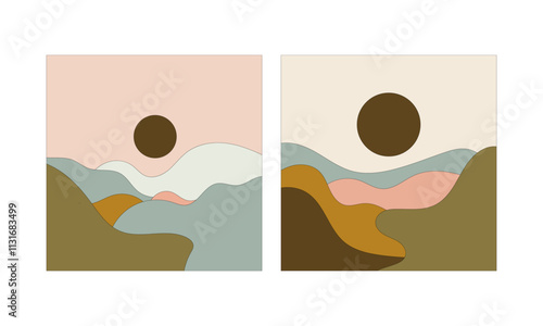 Vector illustration. Abstract landscape art with soft wavy lines and symbolic sun in eclipse phase.