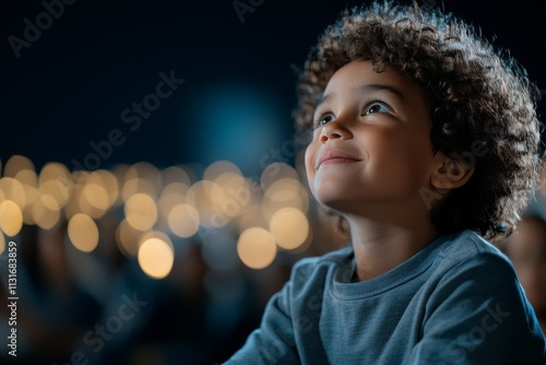 An endearing image of a child gazing at fireworks with awe and delight, illuminated by the bright lights in the distance as the night sky comes alive with colors. photo