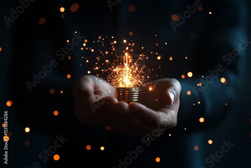 A pair of hands carefully cradle a spark, radiating light and energy, symbolizing potential, hope, and creativity with a magical, incandescent glow. photo