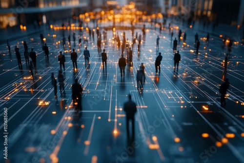 A digital representation of people as silhouettes on a glowing network grid, illustrating the concept of connectivity and collective workforce in a digital world.
