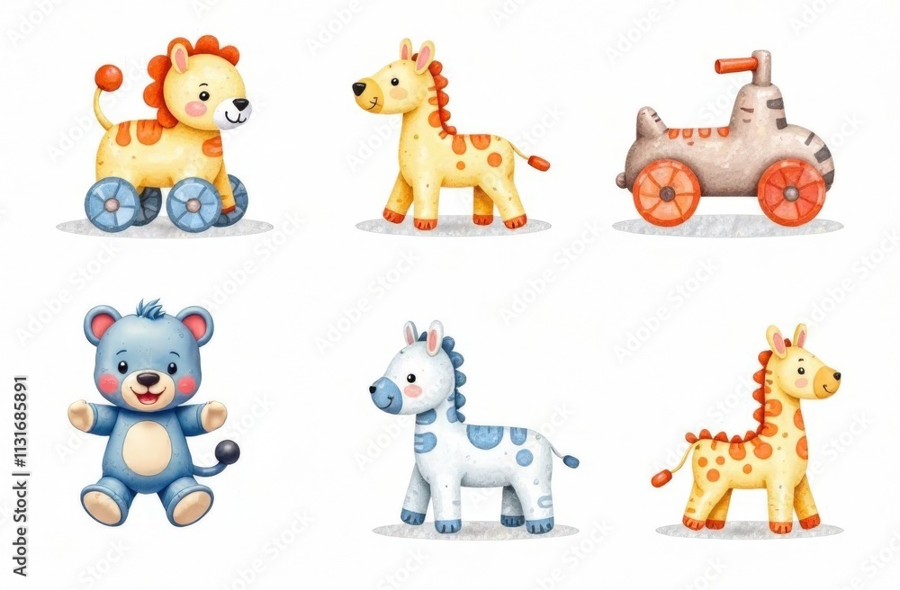 Fototapeta premium cute colorful watercolor clipart toys on white background