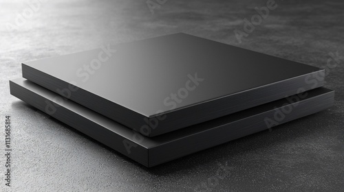 Two stacked black square platforms on dark surface.