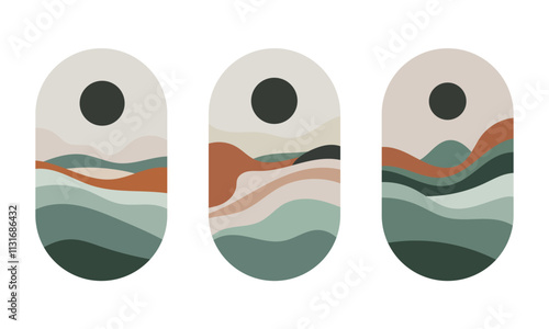 An abstract landscape with a blackout on a background of wavy lines symbolizing mountains and hills. The color palette includes warm and cold tones that create contrast and harmony.