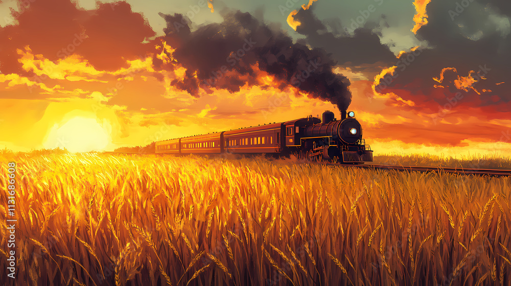 Obraz premium Sunset steam train across golden wheat field. Goldenhour. Illustration