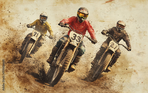 Dynamic Dirt Bike Riders Competing on a Dusty Track, Capturing the Energy and Adrenaline of Off-Road Motorsport Action photo