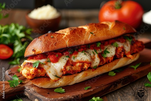 A Chicken Parmesan Sub: Tender chicken, rich tomato sauce, melted mozzarella, and fresh parsley nestled in a toasted ciabatta roll.