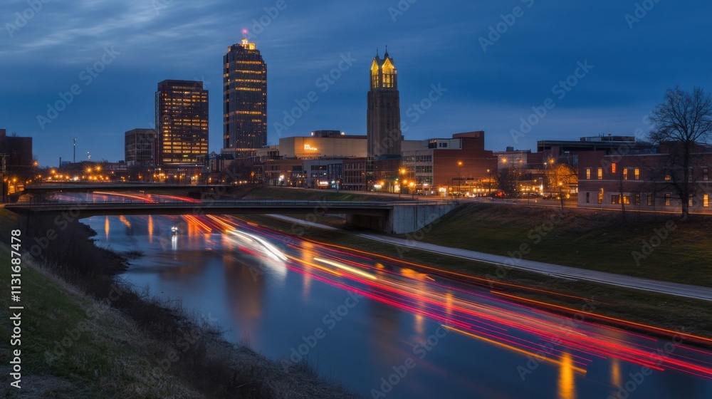 Fototapeta premium Scenic Urban Landscape at Twilight Featuring River Reflections and City Lights Captured During the Blue Hour