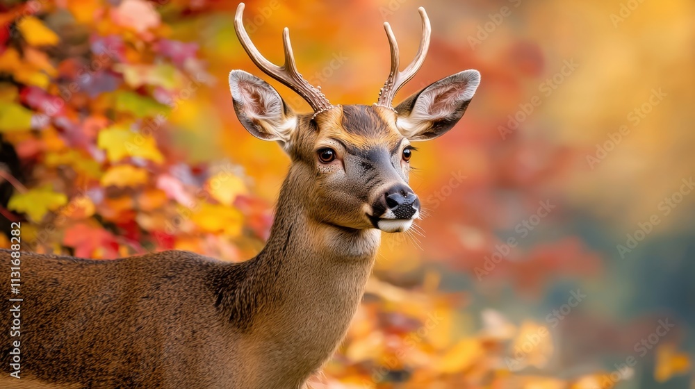 Fototapeta premium A majestic deer with sleek brown fur and elegant antlers stands amidst a backdrop of colorful autumn leaves in the forest, its gaze intense and focused, exuding an air of quiet seriousness.