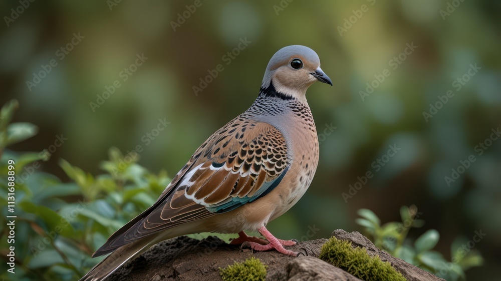 Fototapeta premium Close-up of a spotted dove perched on a mossy rock.