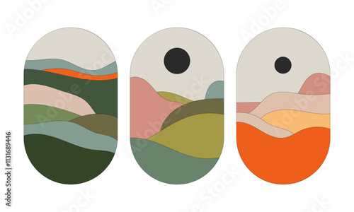 A landscape with a blackout on the horizon, done in warm and earthy tones. Soft wavy forms create harmony and peace.